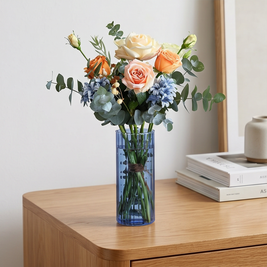 Ribbed Blue Glass Vase - GV10